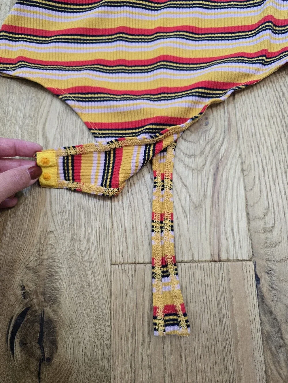 Astr Striped Spaghetti Strap Bodysuit Yellow Red Black Cream Large